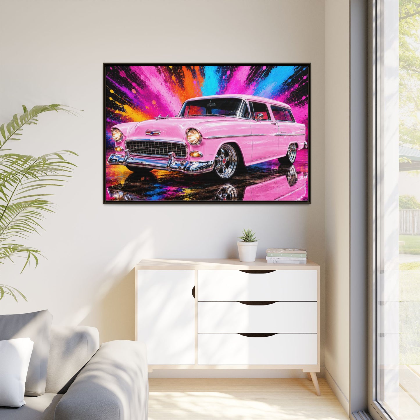 Pink Classic Station Wagon Canvas Print — Retro Car Wall Art, Framed Matte Multi‑Color Splash