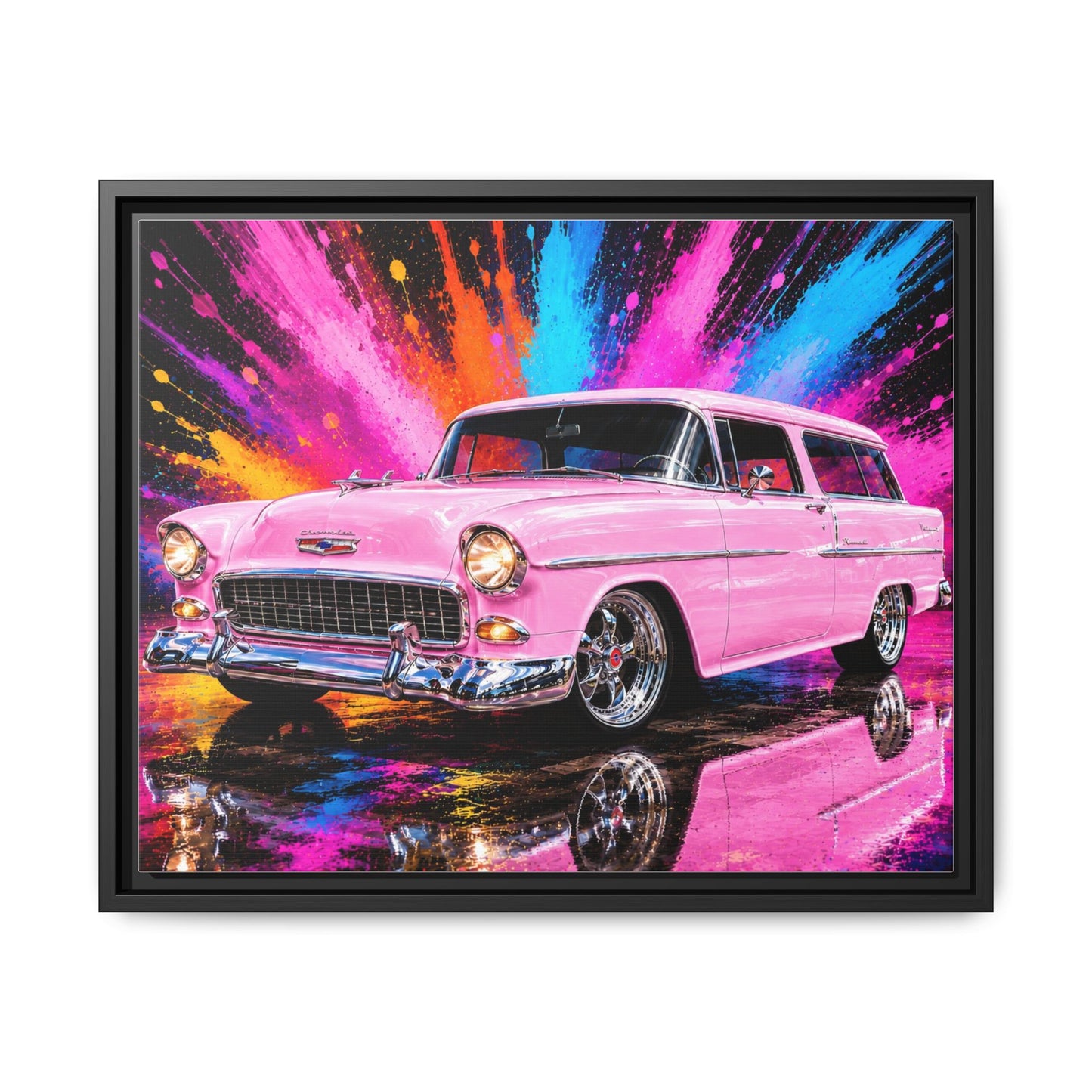 Pink Classic Station Wagon Canvas Print — Retro Car Wall Art, Framed Matte Multi‑Color Splash