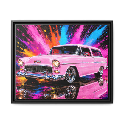 Pink Classic Station Wagon Canvas Print — Retro Car Wall Art, Framed Matte Multi‑Color Splash
