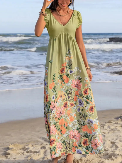 Backless Printed V-Neck Short Sleeve Maxi Dress