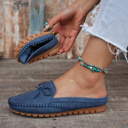 Women's Retro Slip-On Round-Toe Flat Loafers – PU Leather Stitched Everyday Shoes
