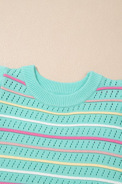 Stripe Eyelet Knit Ruffle Sleeve Sweater