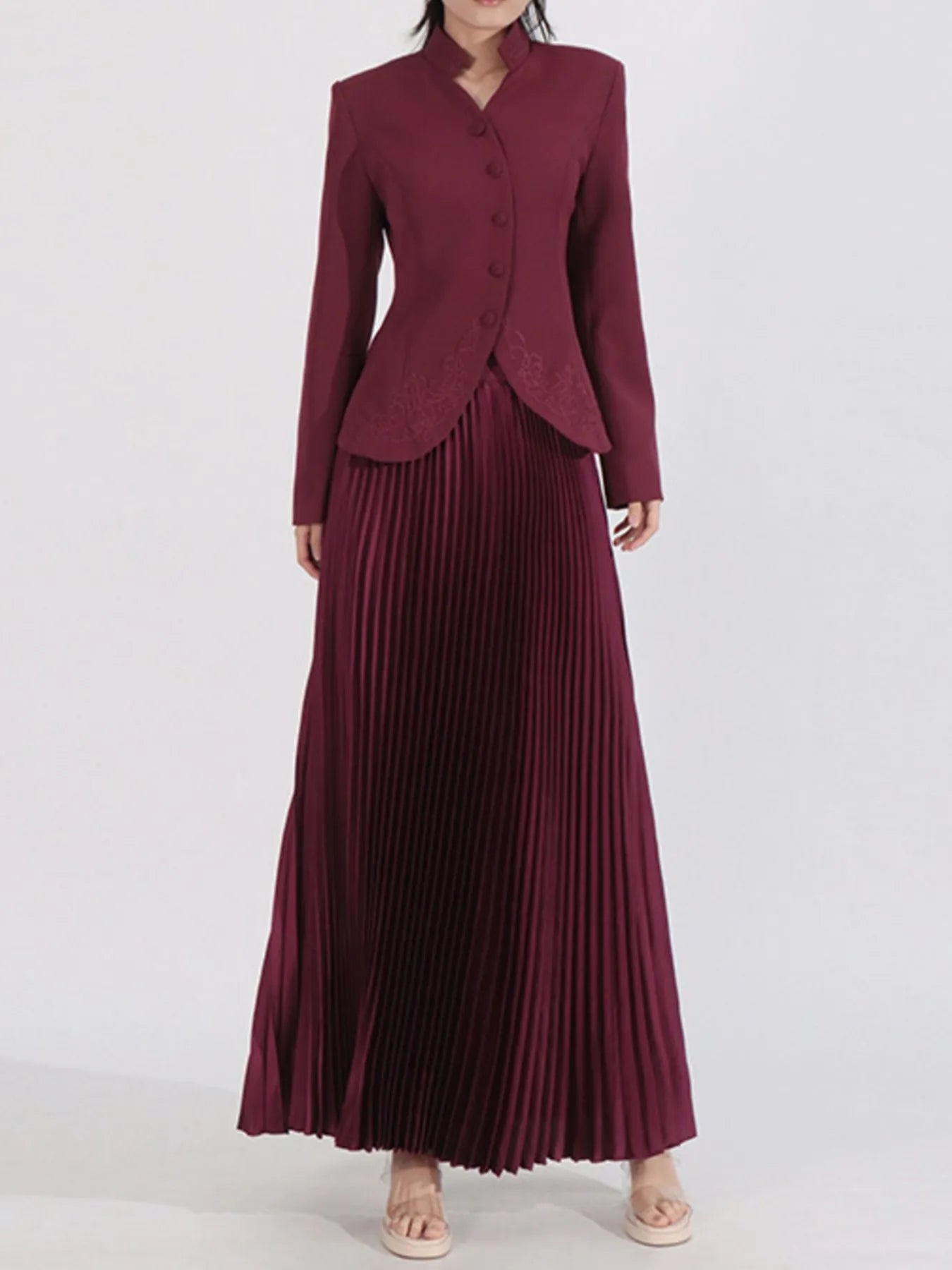 Button Up Long Sleeve Top and Pleated Skirt Set See size chart under “more details”