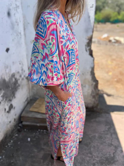 Printed V-Neck Dress with Pockets