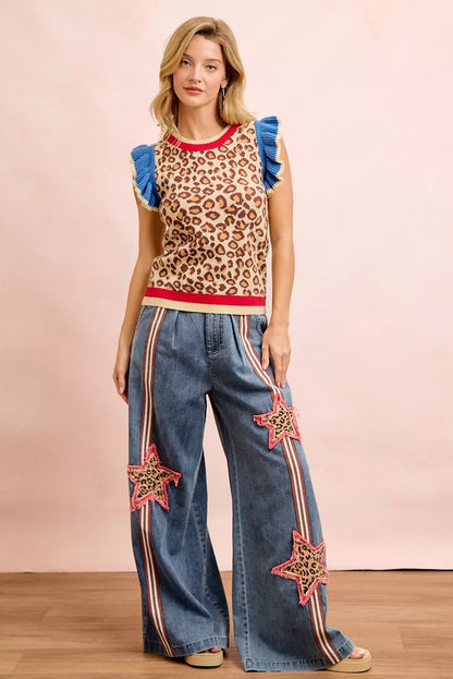 BiBi 4th Of July Leopard Ruffled Detail Knit Top