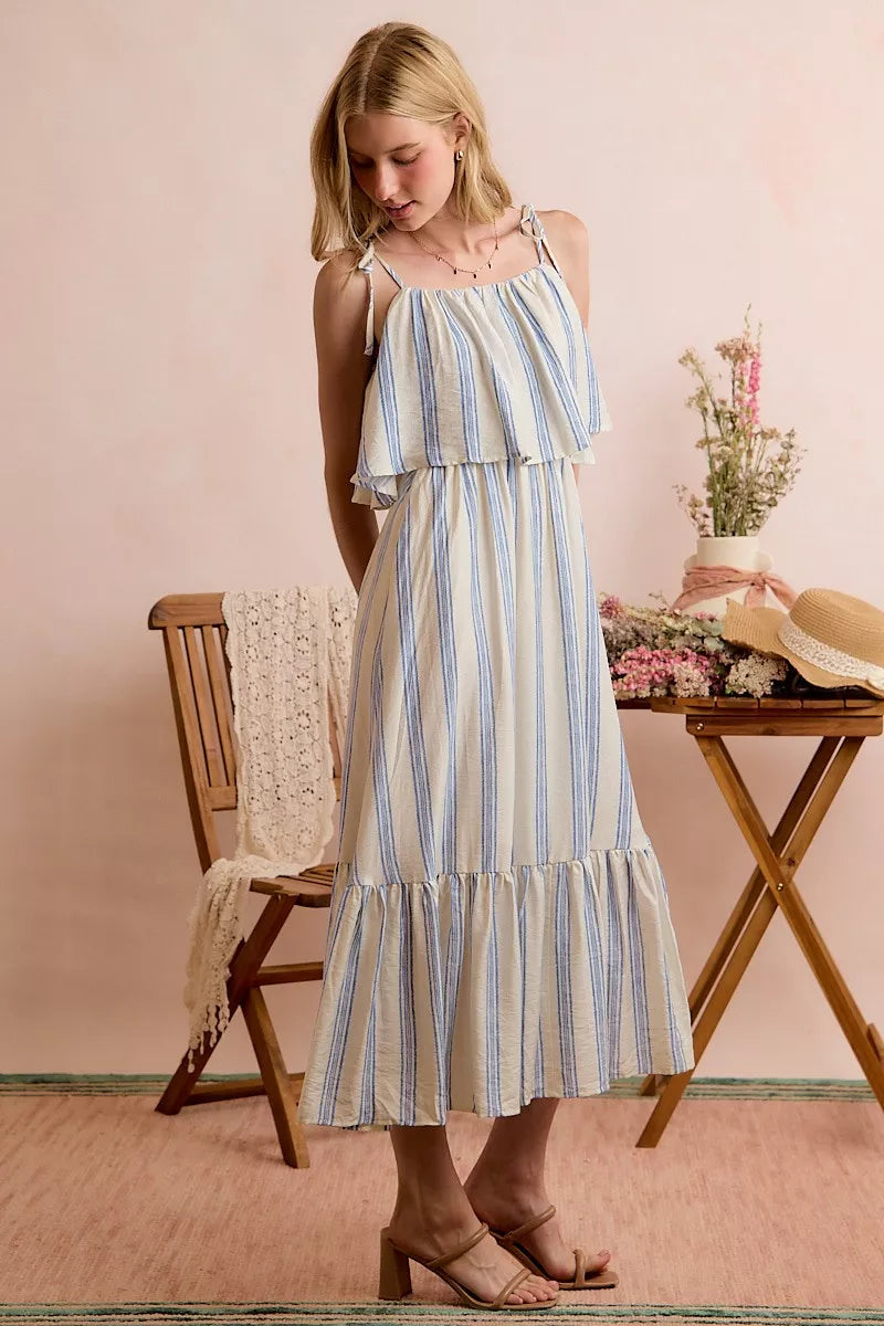 Stripe Tiered Shoulder Tie Midi Lined Dress