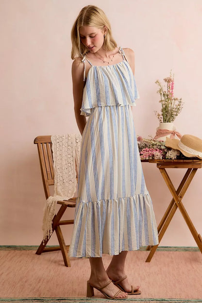 SO ME Stripe Tiered Shoulder Tie Midi Lined Dress