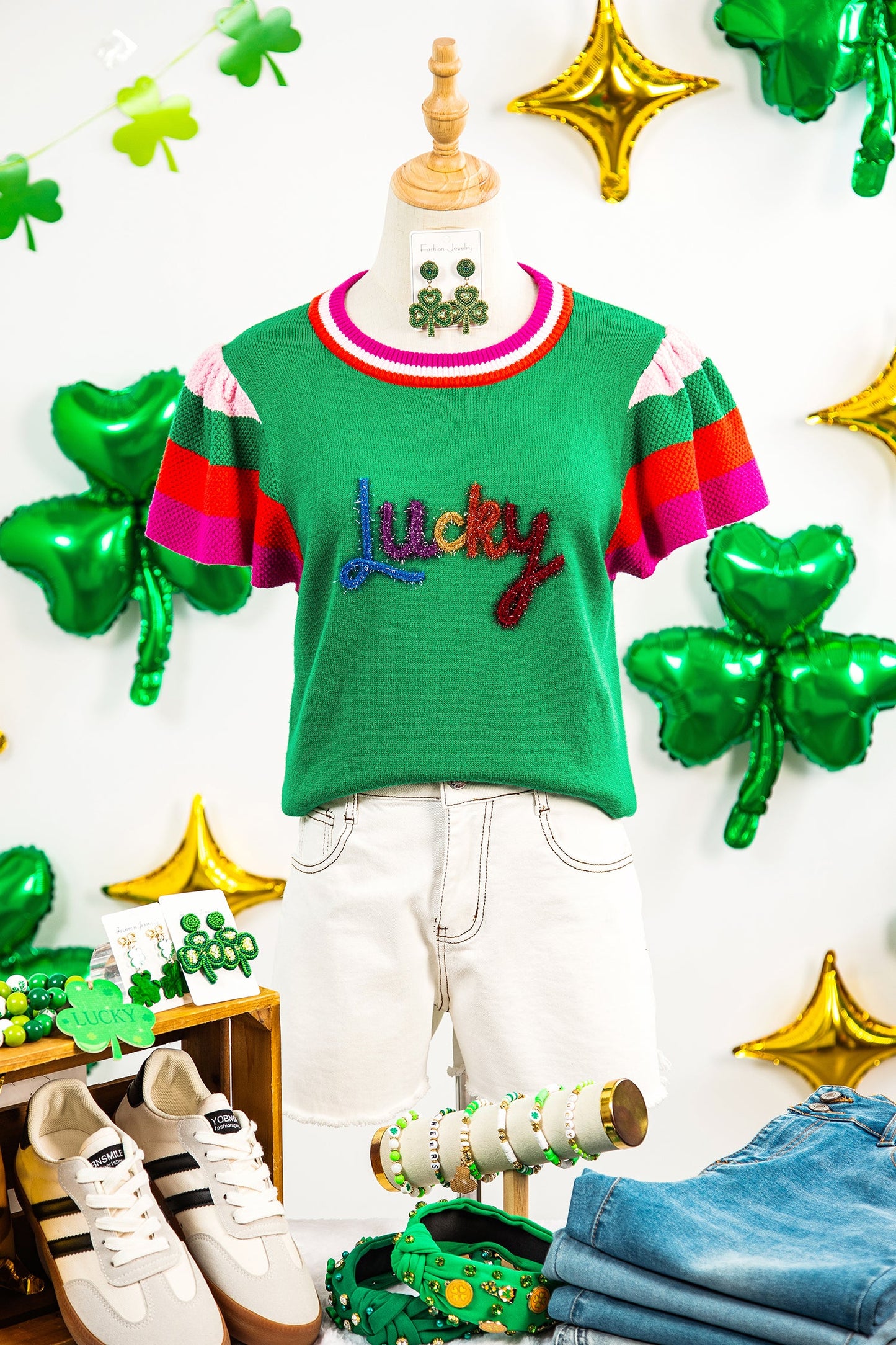 Lucky Stripe Flutter Sleeve Round Neck Sweater