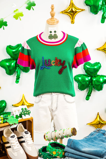 Lucky Stripe Flutter Sleeve Round Neck Sweater