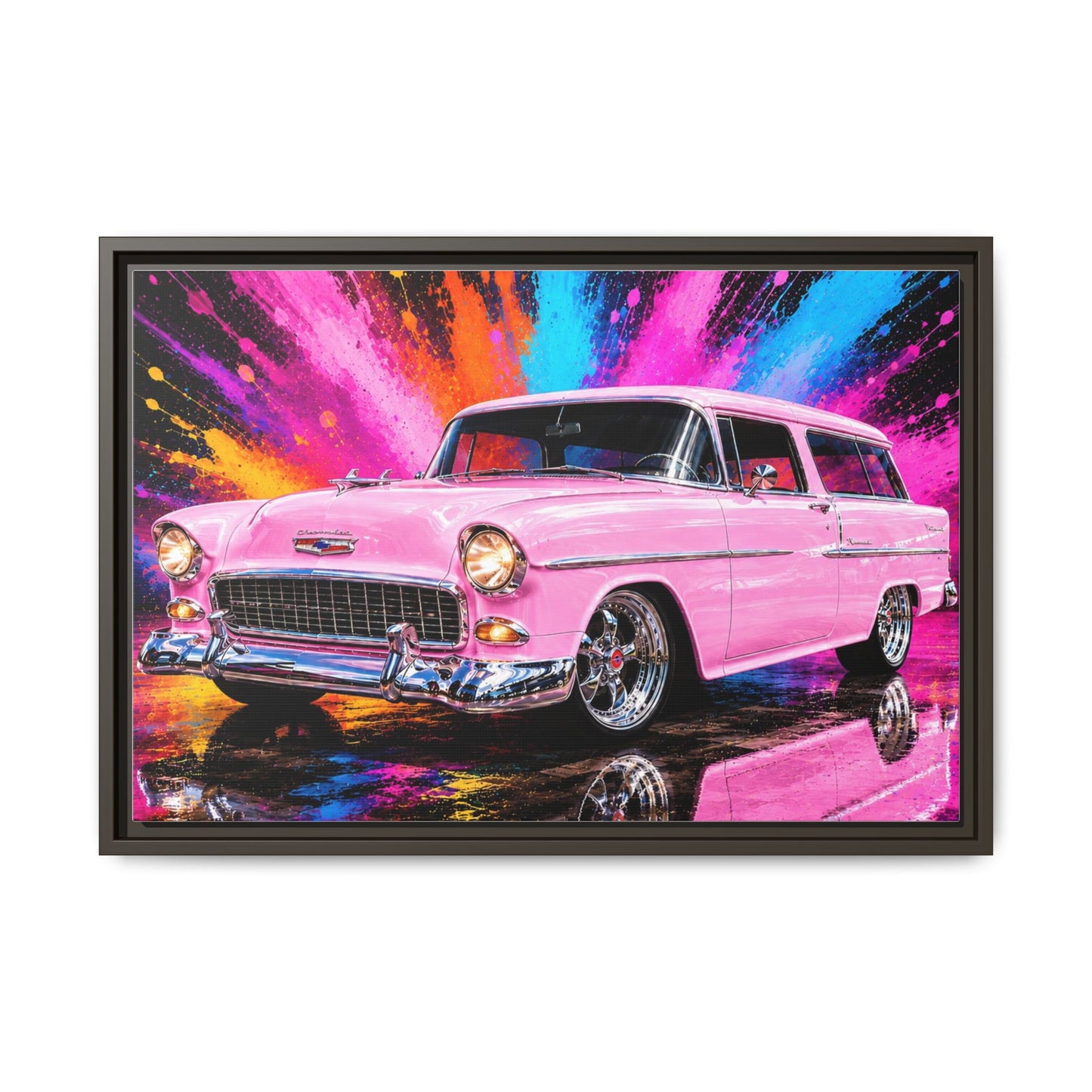 Pink Classic Station Wagon Canvas Print — Retro Car Wall Art, Framed Matte Multi‑Color Splash