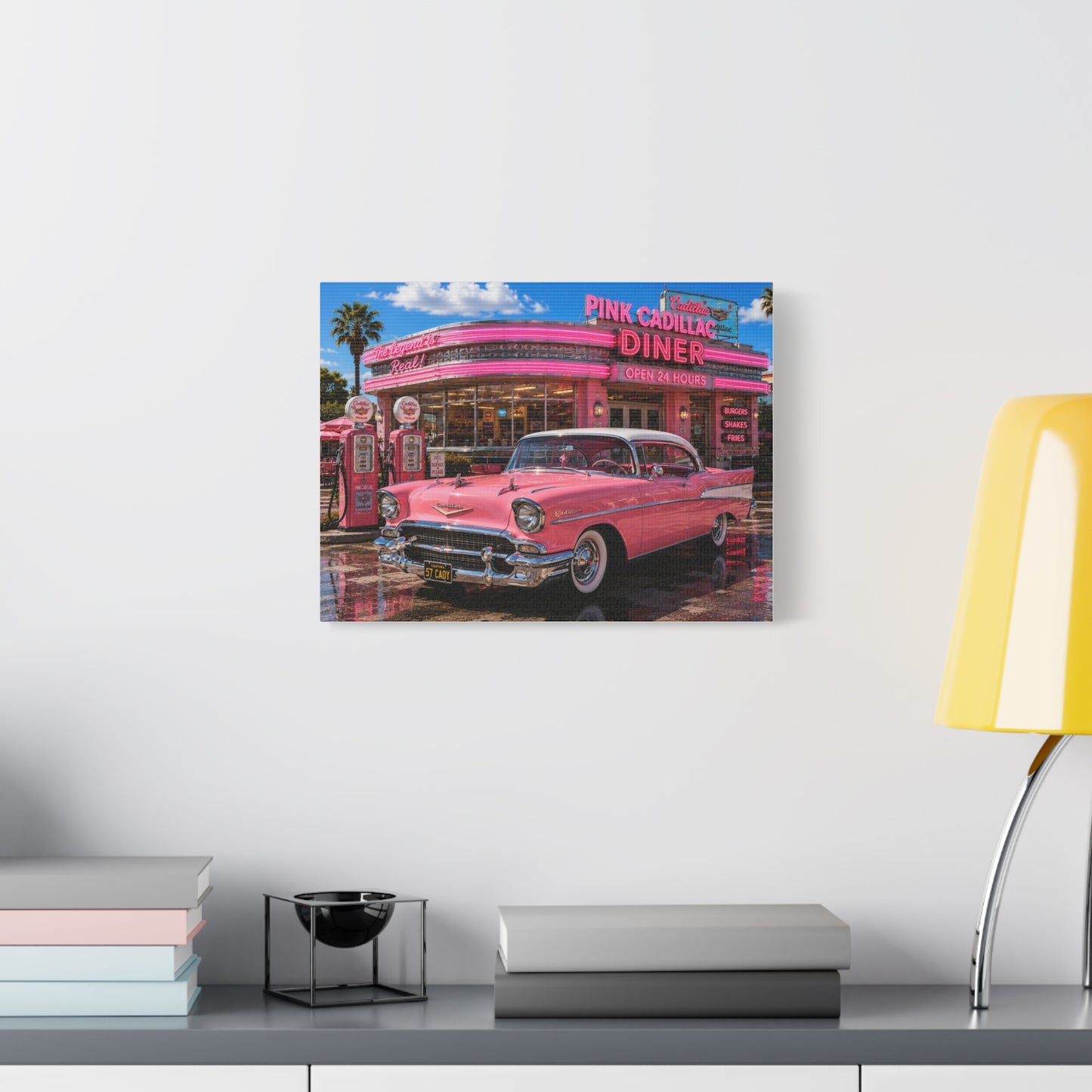 Pink Cadillac Diner Canvas Wall Art — Retro 1950s Car Poster