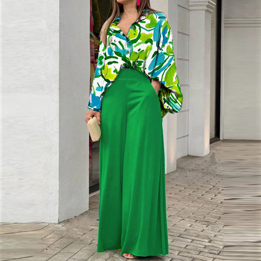Women's Printed Shirt Wide Leg Pants Fashion Casual Set See size chart under “more details”