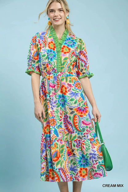 Umgee Mix Floral Midi Dress with Ruffle Trim