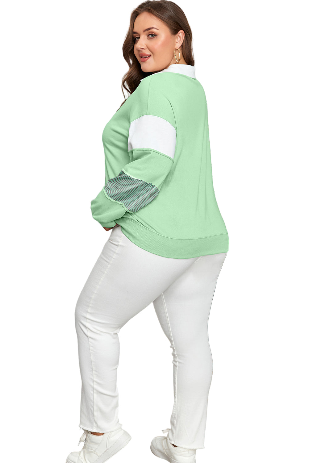 Moonlight Jade Color Block Striped Patchwork Collar V Neck Plus Size Sweatshirt