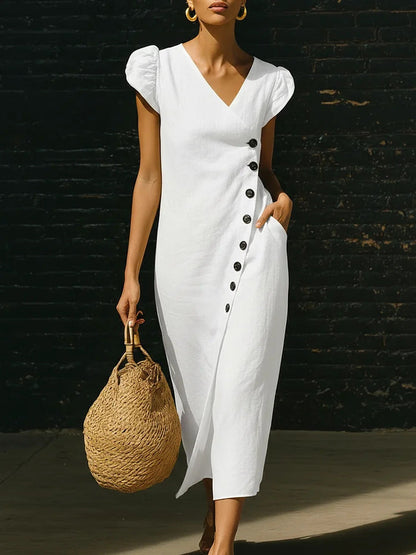 Women’s Casual V-Neck Short Sleeve Midi Dress