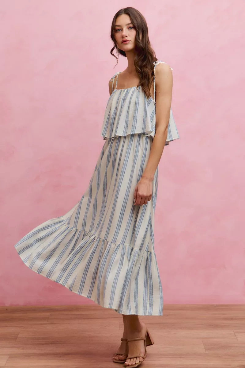 Stripe Tiered Shoulder Tie Midi Lined Dress