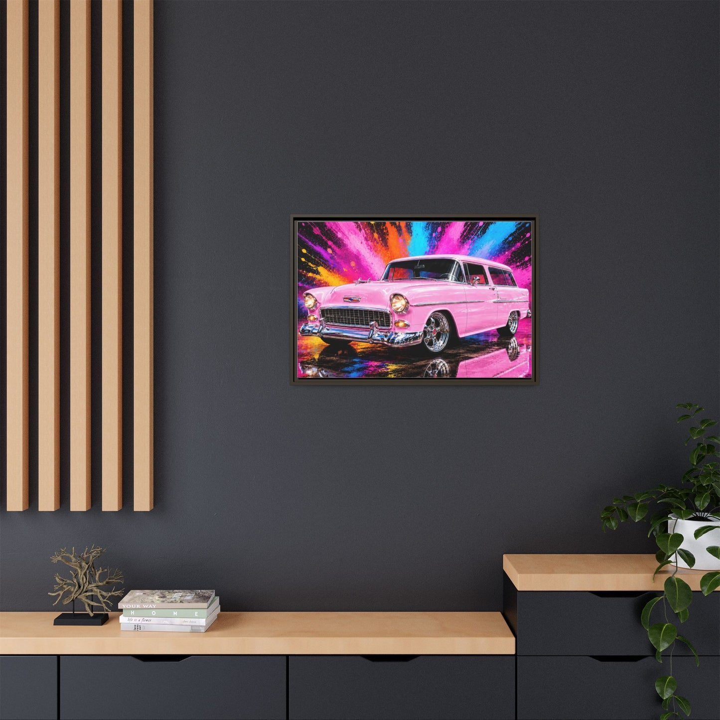 Pink Classic Station Wagon Canvas Print — Retro Car Wall Art, Framed Matte Multi‑Color Splash