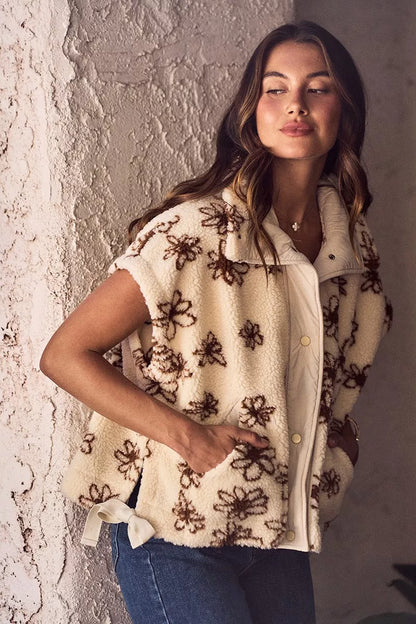 SO ME Flower Sherpa Fur Oversized Sleeveless Vest Jacket