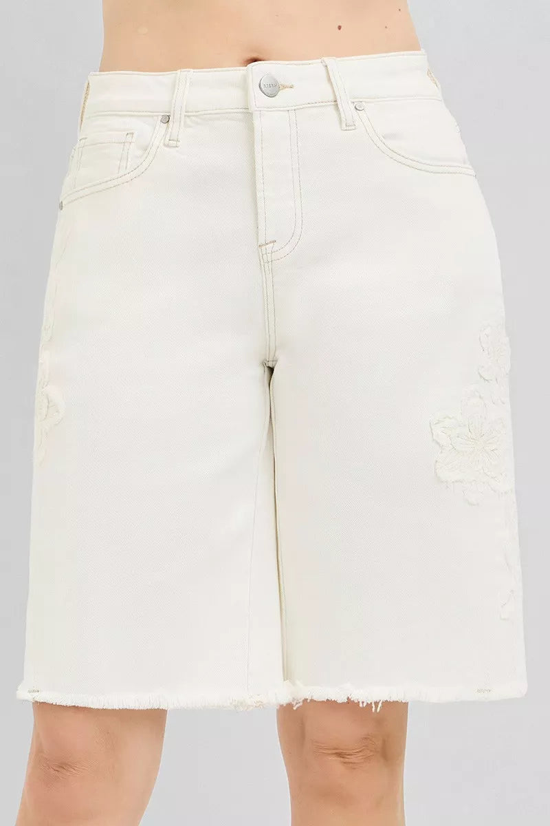 RISEN Slouchy Relaxed Floral Embroidered Bermuda Denim Shorts