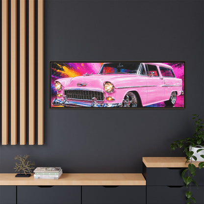 Pink Classic Station Wagon Canvas Print — Retro Car Wall Art, Framed Matte Multi‑Color Splash