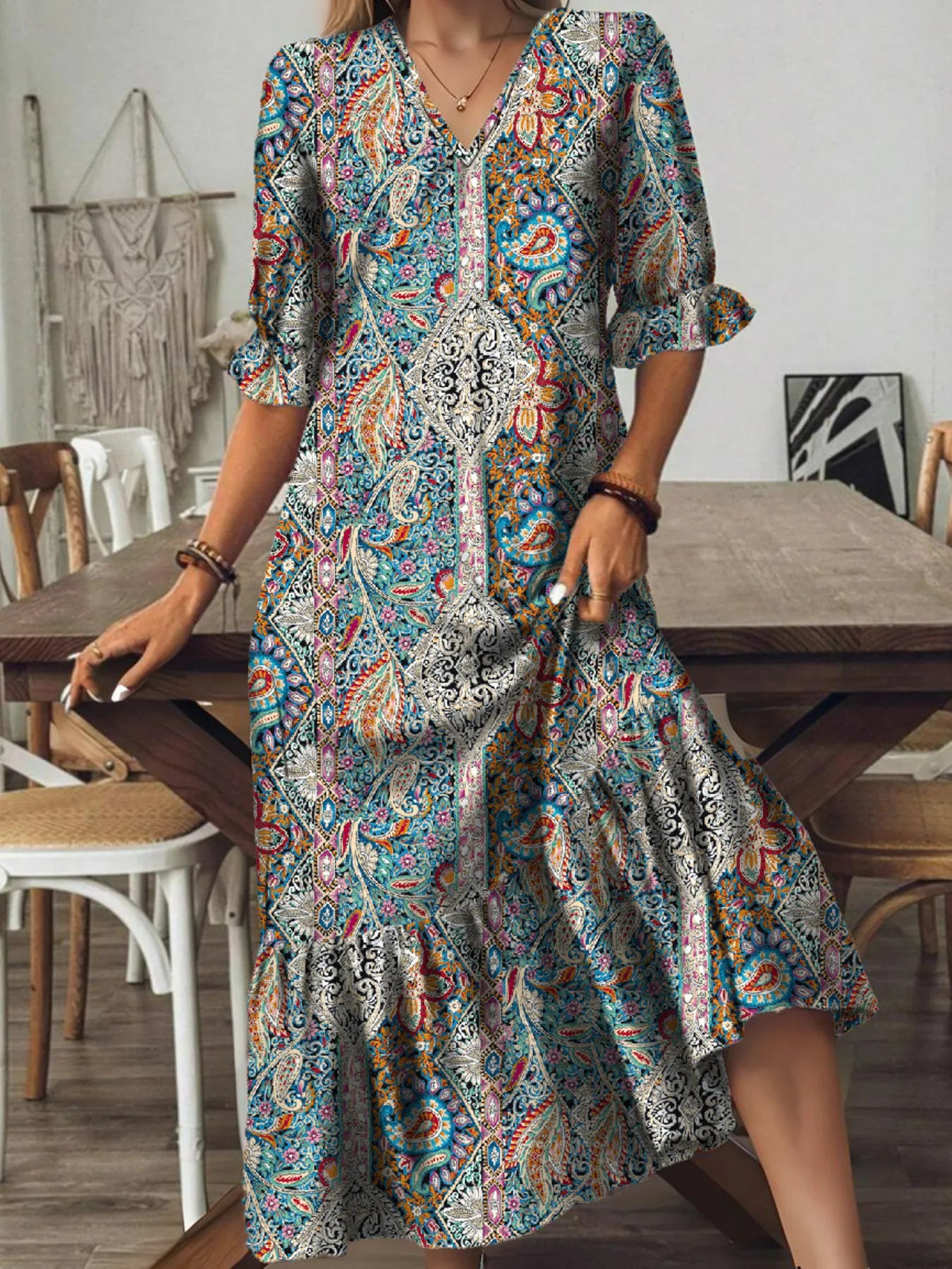 Bohemian Paisley Print V-Neck Midi Dress