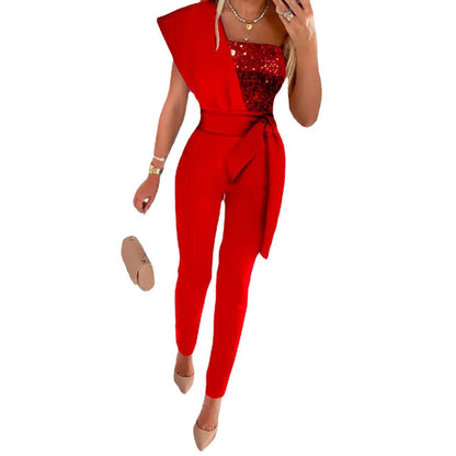 Fashionable SummerPrinted Solid Color Sleeveless Belted Jumpsuit with Beaded Embellishment, Fitted Patchwork Women's Clothing