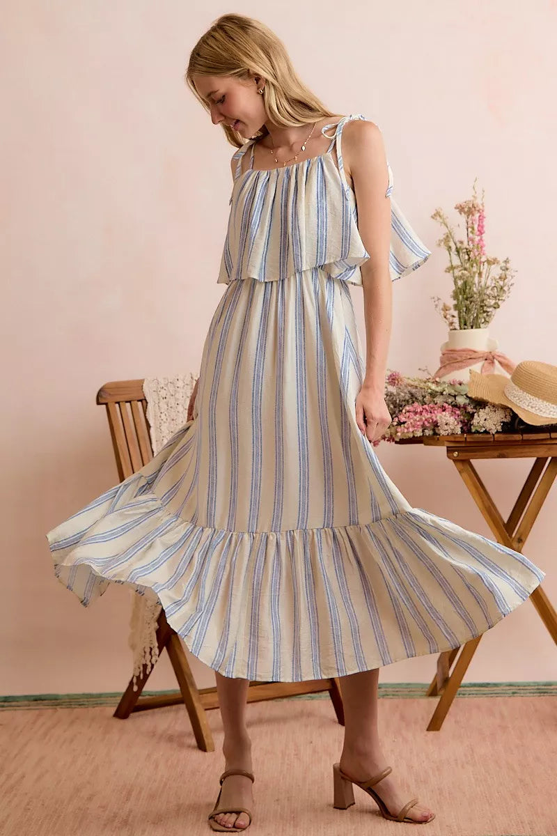 Stripe Tiered Shoulder Tie Midi Lined Dress