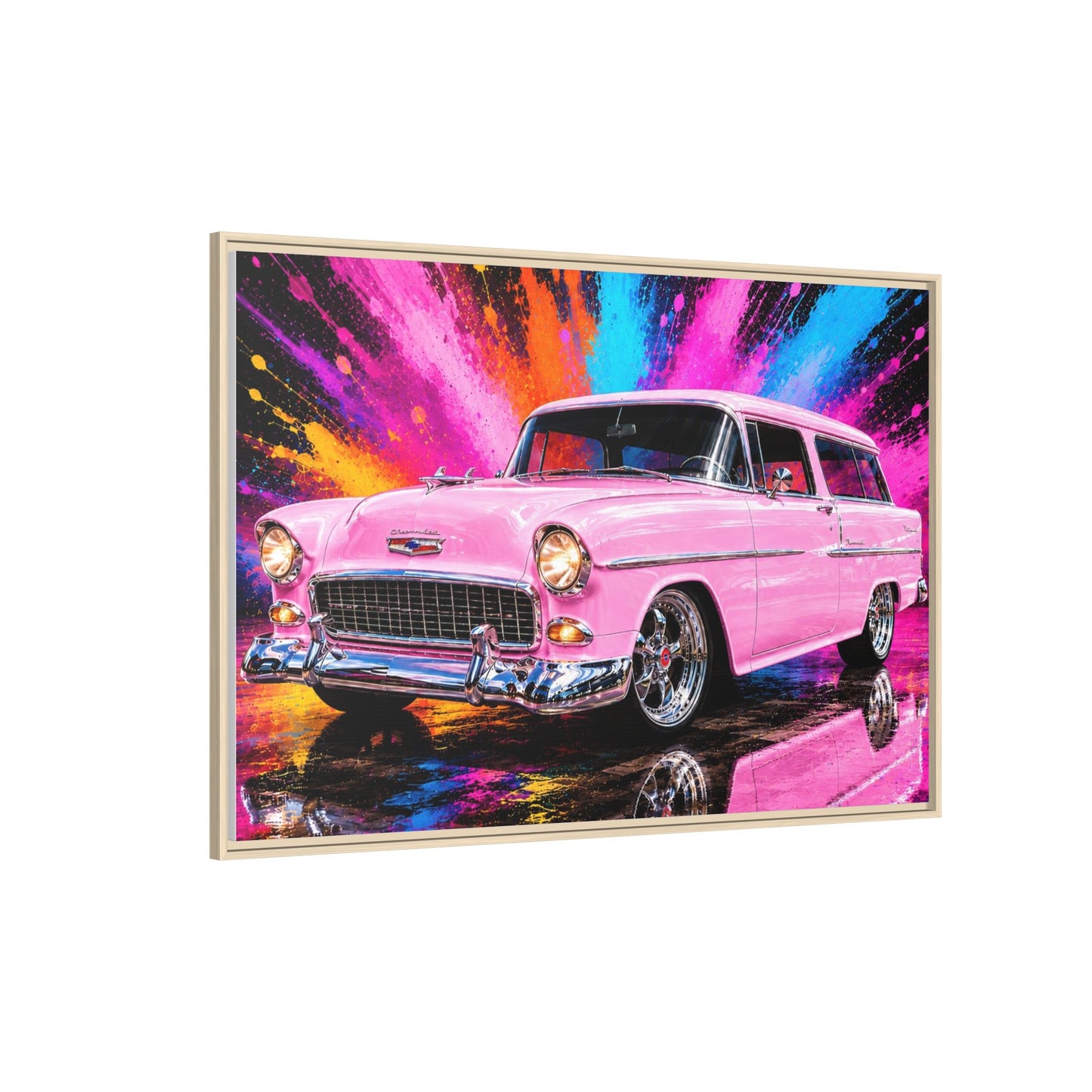 Pink Classic Station Wagon Canvas Print — Retro Car Wall Art, Framed Matte Multi‑Color Splash