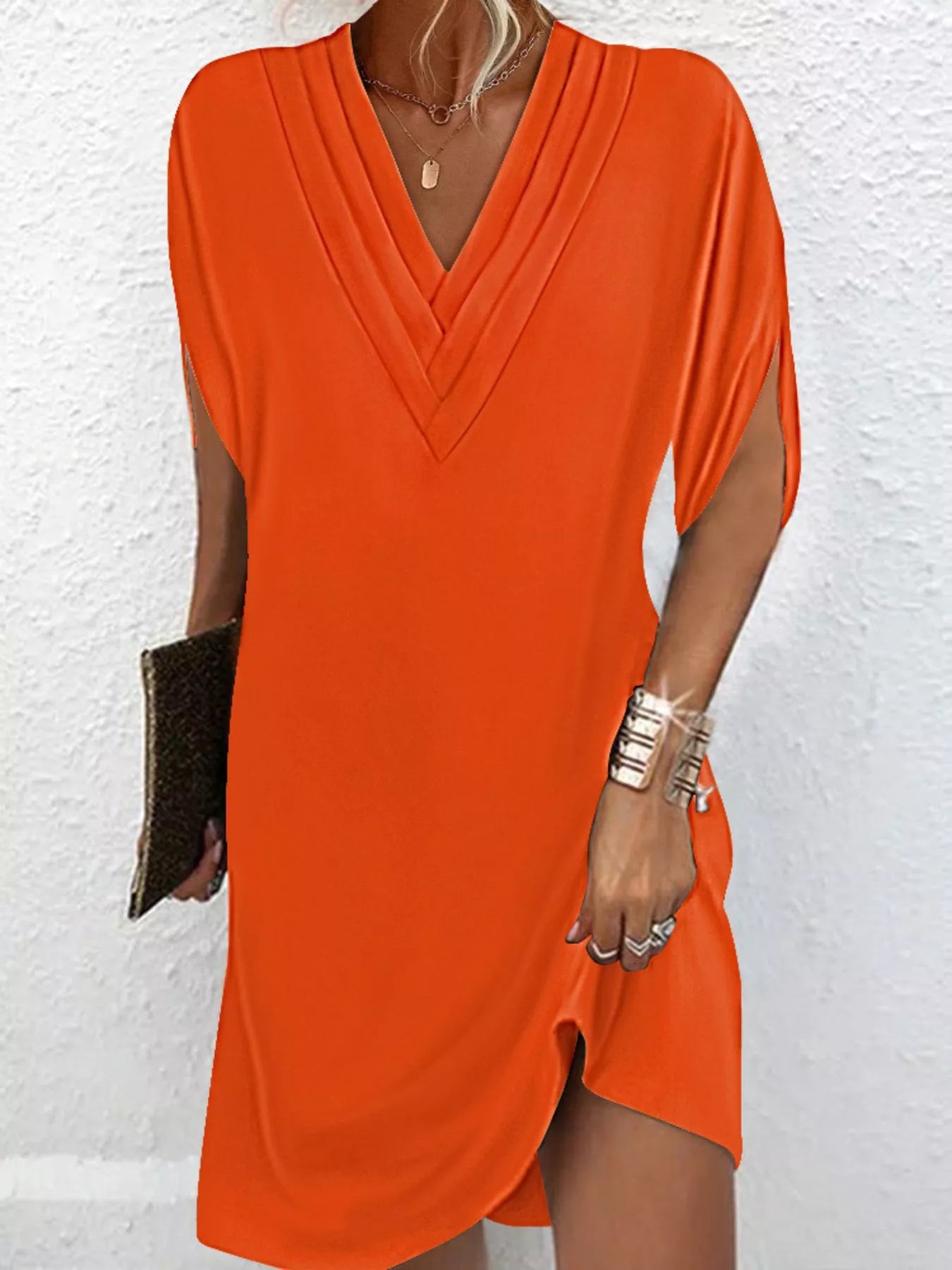 V-Neck Slit Sleeve Mini Dress