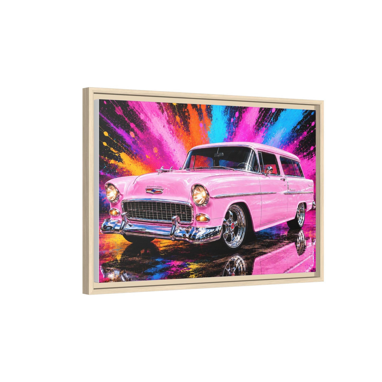 Pink Classic Station Wagon Canvas Print — Retro Car Wall Art, Framed Matte Multi‑Color Splash