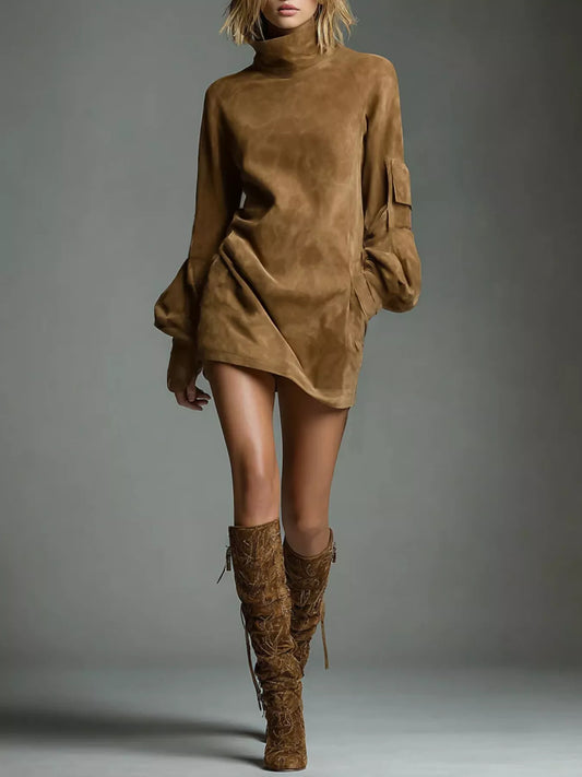 Suede Turtleneck Lantern Sleeve Mini Dress