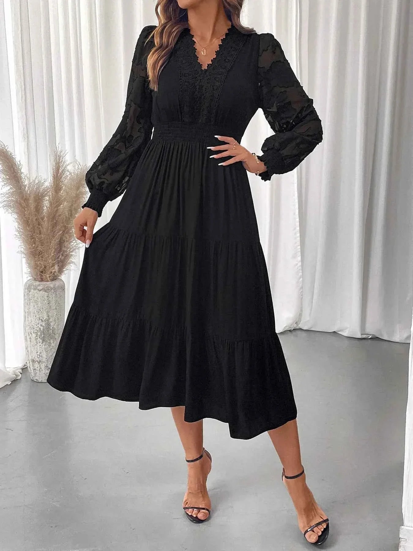 Lace Detail Lantern Sleeve Dress - Elegant Tiered Style for Any Occasion
