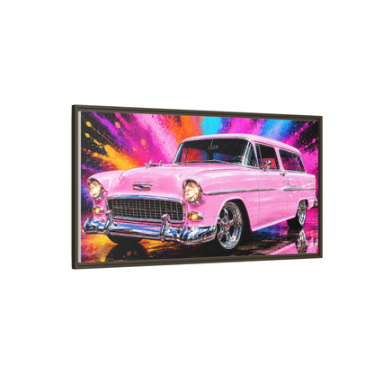 Pink Classic Station Wagon Canvas Print — Retro Car Wall Art, Framed Matte Multi‑Color Splash