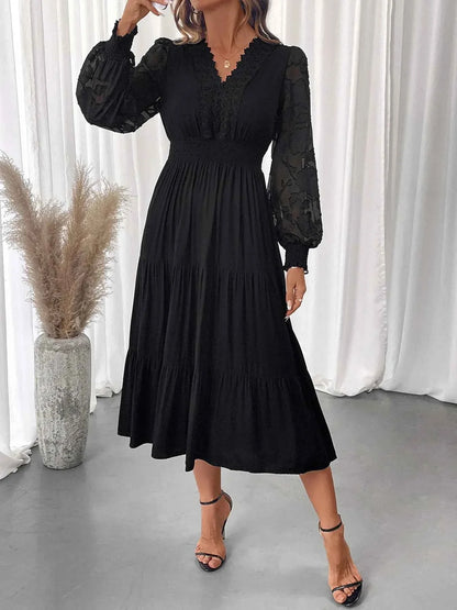 Lace Detail Lantern Sleeve Dress - Elegant Tiered Style for Any Occasion