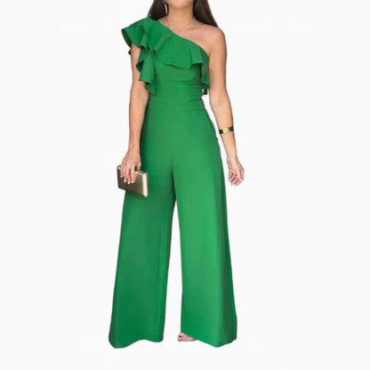 Chic Off-Shoulder High-Waisted Loose Straight-Leg Women's Jumpsuit with Ruffles