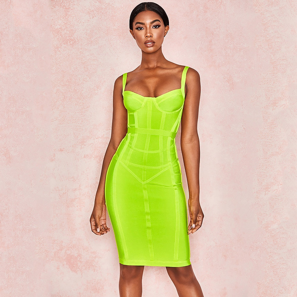 Summer Green Knee Length Hl Bandage Fresses Women Yellow Spaghetti Strap Sweetheart Sexy Sleeveless Blue Dress Bodycon
