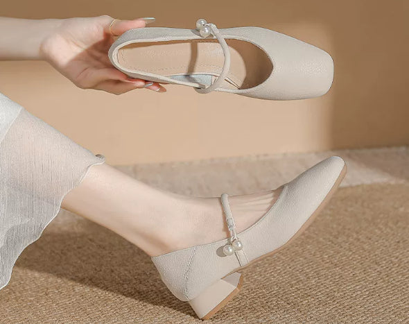 Women's Chinese-Style Square-Toe Mary Jane Flats – Microfiber Chunky-Heel Casual Shoes