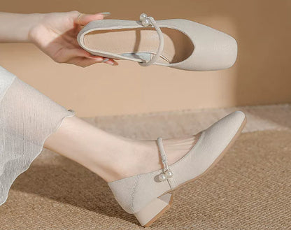 Women's Chinese-Style Square-Toe Mary Jane Flats – Microfiber Chunky-Heel Casual Shoes