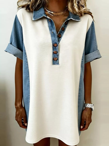 Denim Patchwork Button Front Mini Dress