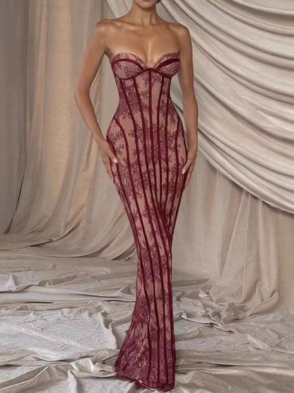 Lace Up Back Strapless Maxi Dress