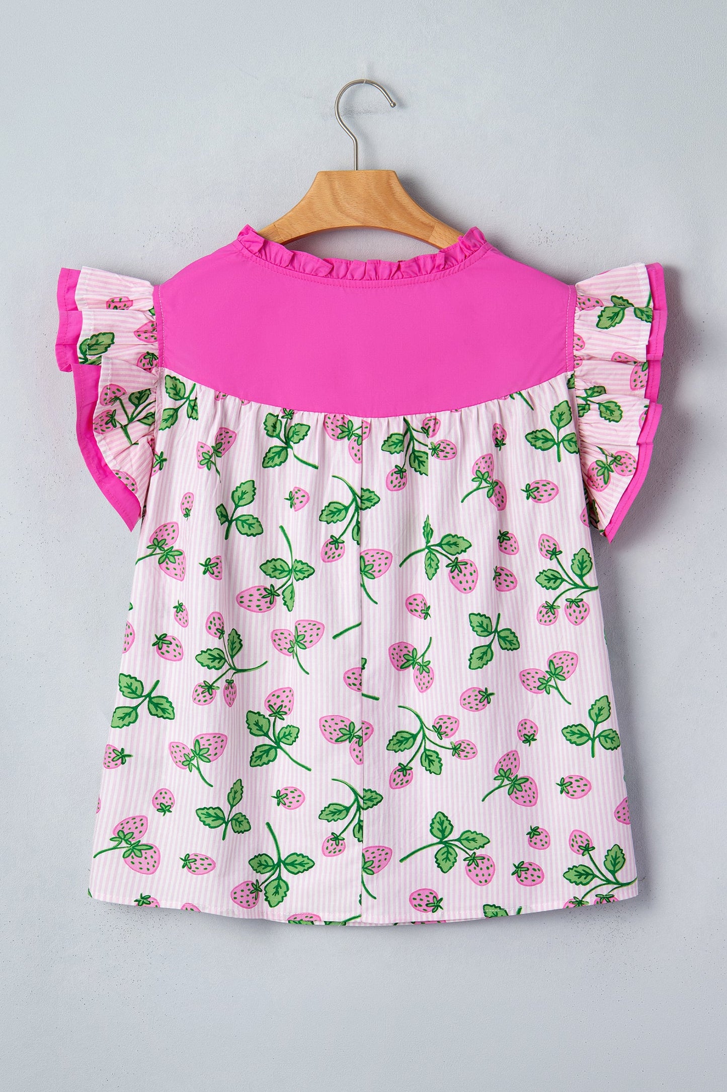 Stripe Strawberry Patchwork Flutter Sleeve V-Neck Blouse