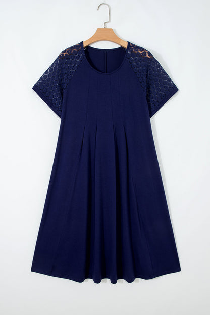 Plus Size Solid Lace Short Sleeve Pleated Dress