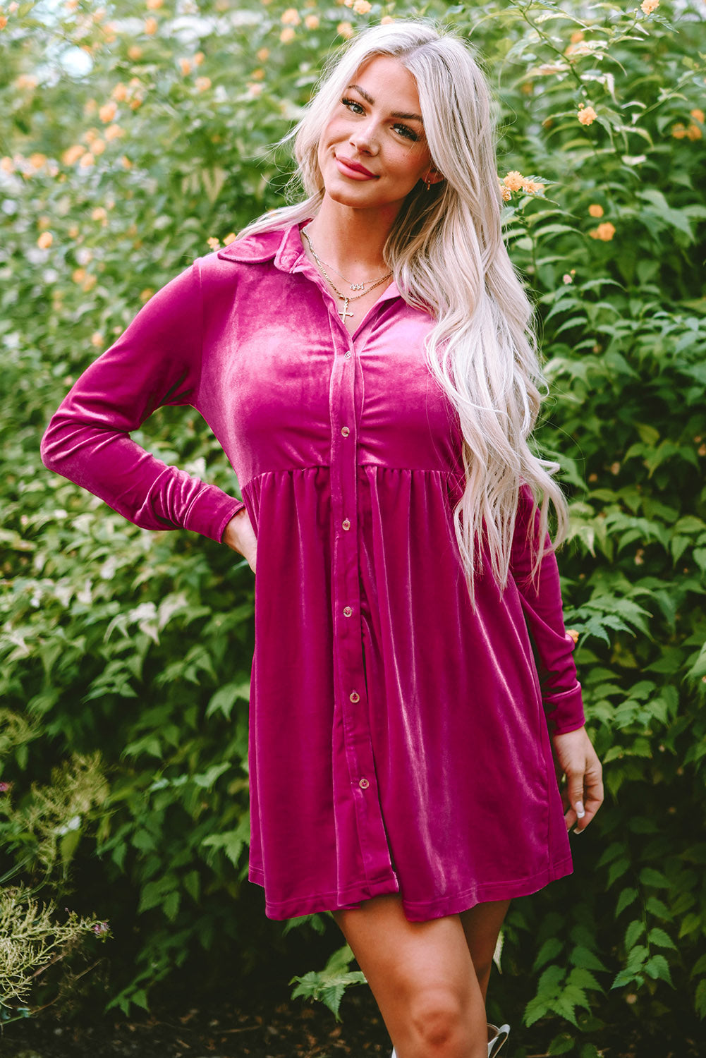 Velvet Ruffle Buttoned Long Sleeve Dress