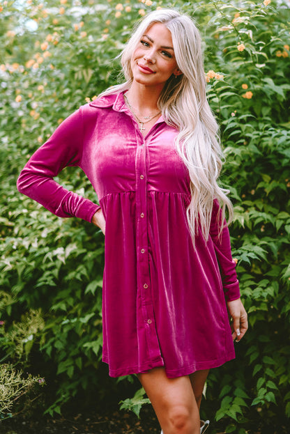 Velvet Ruffle Buttoned Long Sleeve Dress