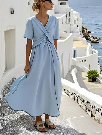 Casual Loose Retro Striped Print Holiday Dress Summer Short Sleeve V Neck Robes Dress Boho Beach Pleated A-Line Long Dress Woman (see size guide under more details)