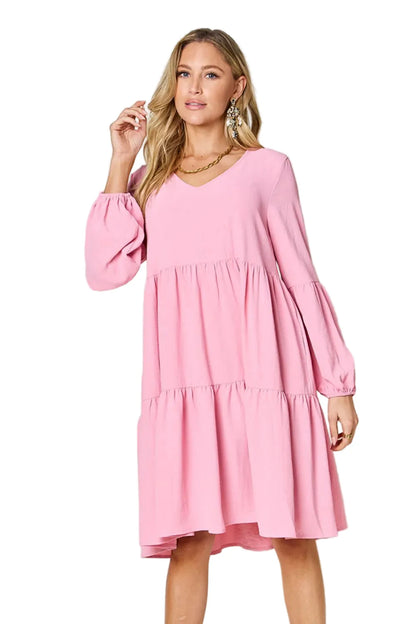Garden Naked Women's Casual Dress Babydoll Tiered Dress with Pockets Long Sleeve Ruffle Hem Soft Cotton Blend Loose Fit
