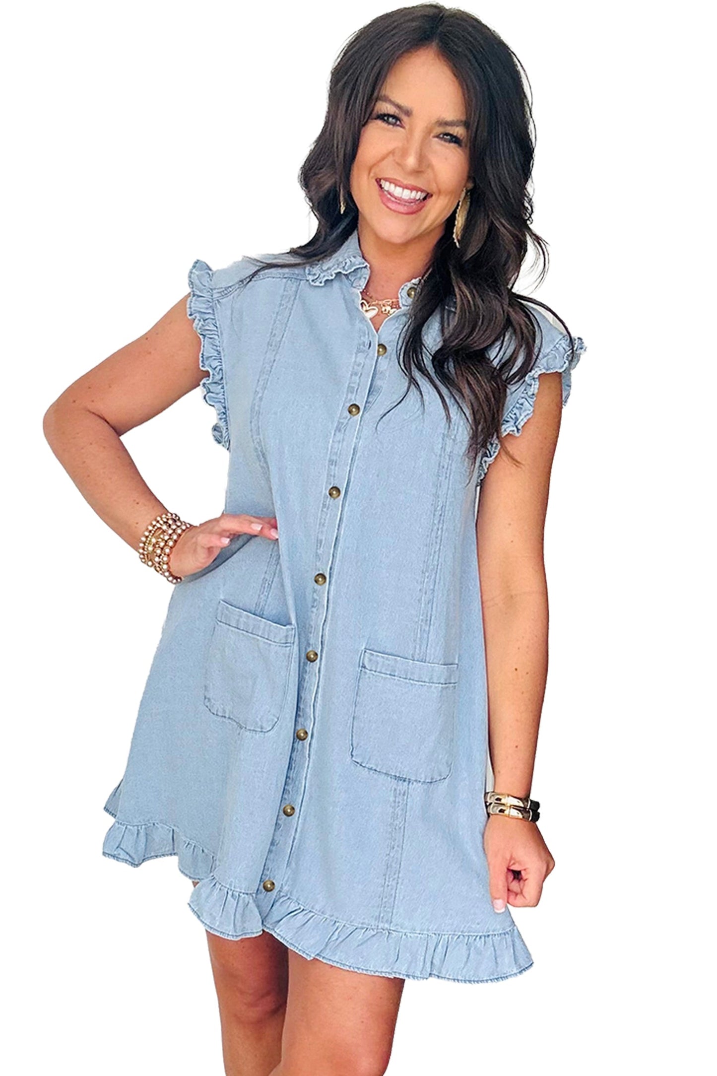 Denim Ruffle Edge Collared Dress w/ Pockets