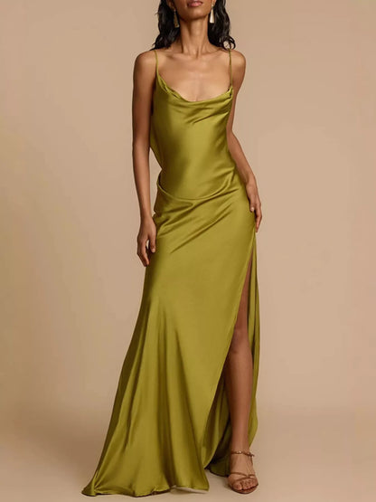 Satin Cowl Neck Slit Maxi Dress