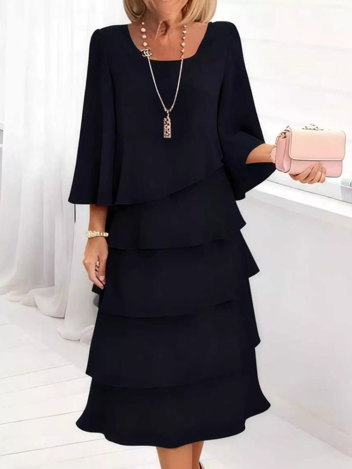 Ruffled Layered 3/4 Sleeve Dress