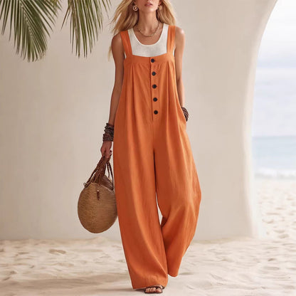 Women's Bohemian Suspender Jumpsuit with Button & Patchwork Detail